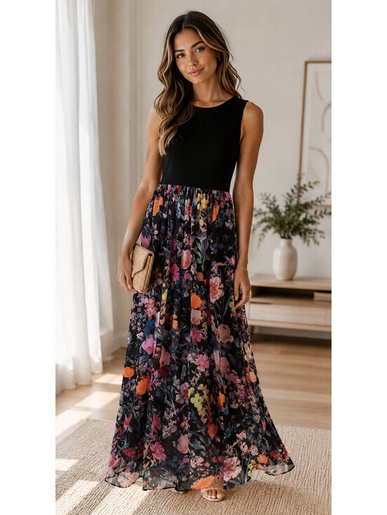 Trulli Dresses & Skirts - Trulli  Sz S  Black Floral Chiffon Stretch Sleeveless Maxi summer party dress